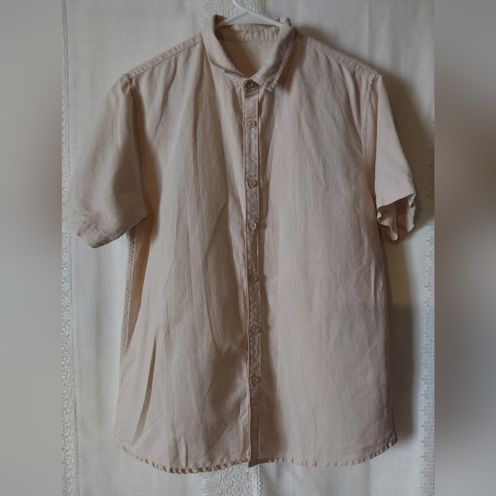 Thrifted Vintage Shirt, Men's Beige Short Sleeve Button up Linen Shirt, Medium - Picture 5 of 6